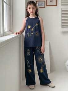DAZY Tween Girl Sun & Planet Print Halter Top And Wide Leg Pants Casual Outfit - Blue - View 3