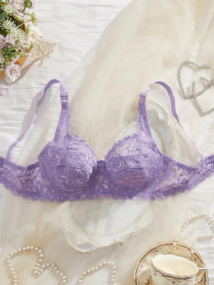 女士蕾丝文胸一件装（带钢圈） - 紫色 - 查看 1