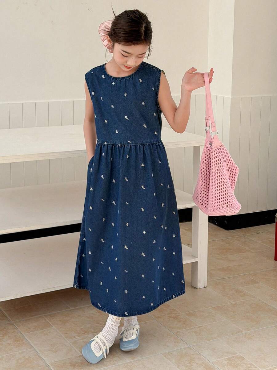 DAZY Girls' Round Neck Sleeveless Denim Dress - Blue - View 1