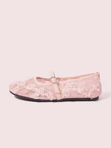 CUCCOO DOLLMOD 粉色蕾丝花卉透气玛丽珍平底鞋，舒适通勤女鞋，温柔仙气百搭鞋 - 粉色 - 查看 7