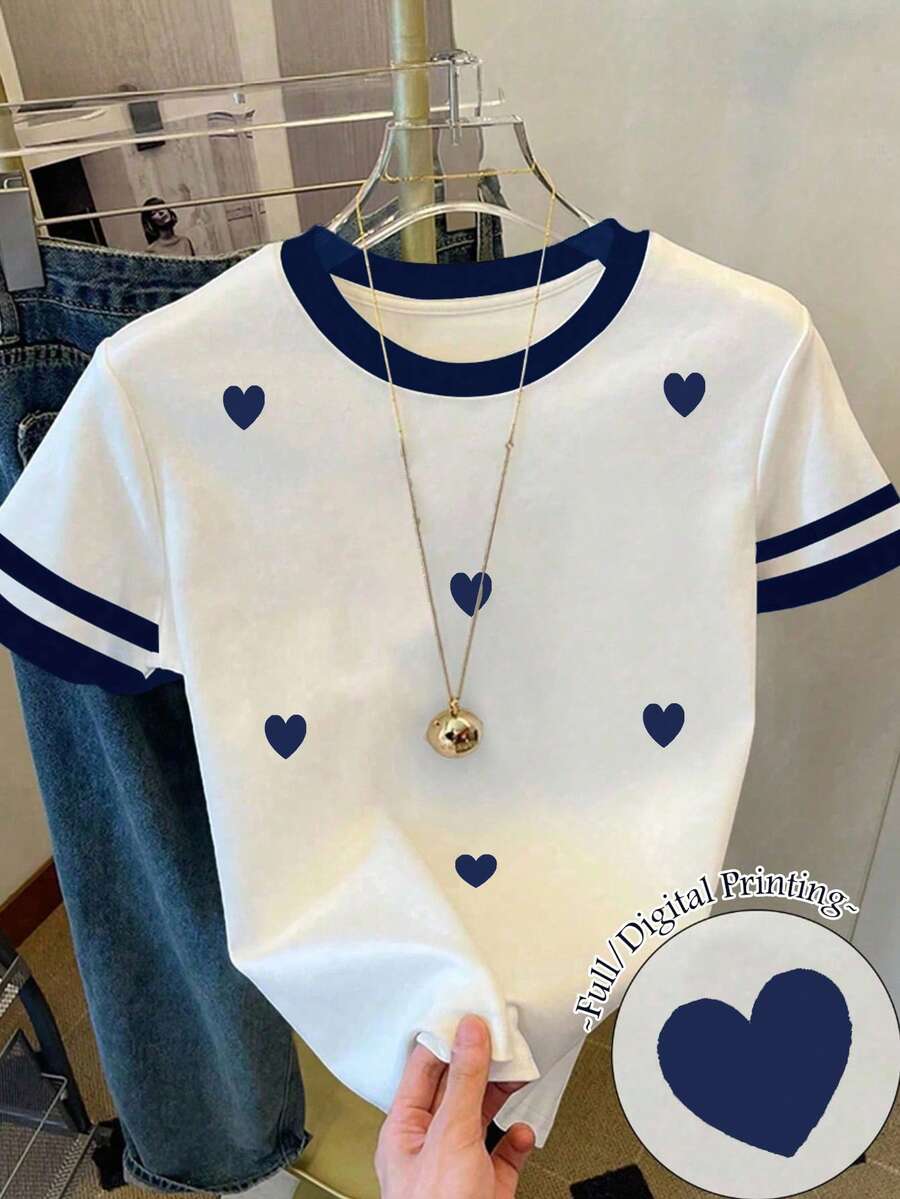 少女爱心印花宽松休闲撞色条纹圆领T恤上衣,适合夏季穿着,可爱少女爱心印花T恤,青春靓丽学院风服饰。 - 彩色 - 查看 1