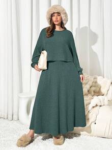 Auralis Bộ đồ đôi nữ cỡ lớn màu trơn cổ tròn tay dài và chân váy midi, kiểu dáng thường ngày. - Màu xanh lá cây đậm - Xem 3