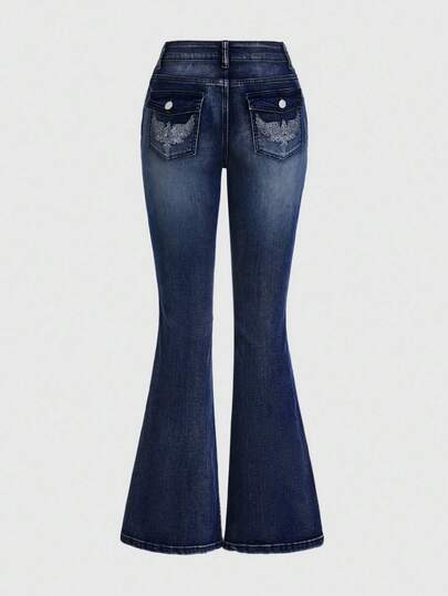 ROMWE Grunge Punk Punk Chic Vintage Pattern Embroidered Slim Fit Flare Leg Jeans For Women
