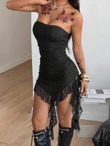 Coolane Women's Summer Concert Outfit Y2K Holiday Vocation Outfit Casual Streetwear Date Night Party Lace Stretchy Ruffle Fringe Bustier Tube Dress - Black - View 5