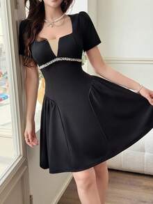 Feyla New Elegant Rhinestone Embellished Square Neck Chic Cocktail Mini Dress - Black - View 3