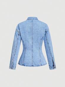 Sweetra 女士休闲日常通勤修身牛仔夹克，春秋季 - 藍色 - 查看 2