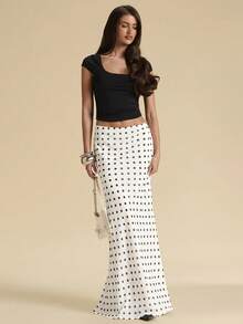 SHEIN BAE 女士波点低腰鱼尾薄纱长裙，夏季波点裙，薄纱长裙，优雅裙装，波点裙 - 白色 - 查看 6