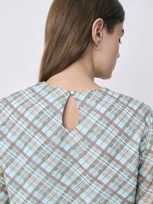 Nöista Two Pieces Outfit, A Long-Sleeve Crop Top And A High-Waisted, Midi Skirt In Blue And Brown Plaid Pattern. Spring, Summer Set, Outfit, Co-Coords. - Green - View 9