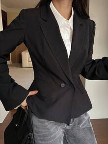 DAZY 女士纯色平领休闲百搭通勤办公薄款西装外套 - 黑色 - 查看 3