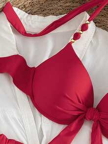 Swim Vcay Bộ bikini hai mảnh có gọng nâng ngực, kiểu cổ yếm, dành cho nữ, thích hợp cho kỳ nghỉ hè. Họa tiết ngẫu nhiên. - Đỏ - Xem 4