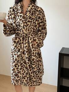 DAZY Women's Leopard Print Flannel Robe, Mid-Length With Shawl Collar, Winter - Beige - View 6