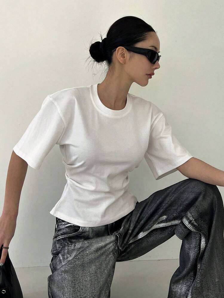Women's Summer Solid Color Round Neck Waist Drawstring Casual T-Shirt Y2k