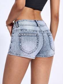 Jeanoix Women's Casual Everyday Pocketed Button Fly Low Waist Denim Shorts - Blue - View 2