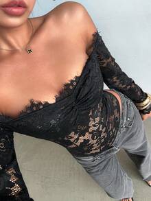 Aloruh Women's Black Lace Sheer Hollow Out Off-Shoulder Long Sleeve Bodysuit, Suitable For Weddings, Parties, Dates, Autumn/Winter Layering - Black - View 5