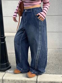 Dazy Plus 深色水洗做旧侧边拼接宽松直筒休闲长款牛仔裤，适合所有季节