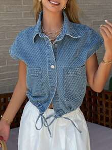 Livesso Spring & Summer Loose Business Casual Fashion Office Wear Textured Plaid Waist Tie Sleeveless Jacket Lightweight Outdoor Denim Vest For Women - Medium Wash - View 3