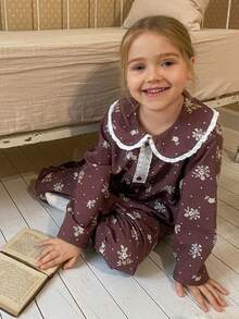 DAZY 女童碎花领长袖上衣和裤子睡衣套装 - 棕色 - 查看 2