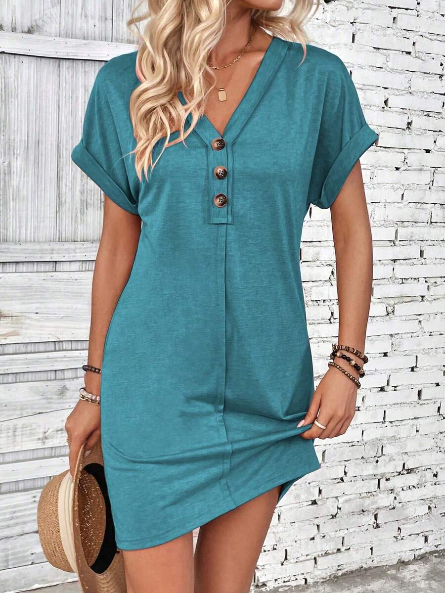 EMERY ROSE Women's Solid Color V-Neck Short Sleeve Button Design Casual Dress - Blue - View 1