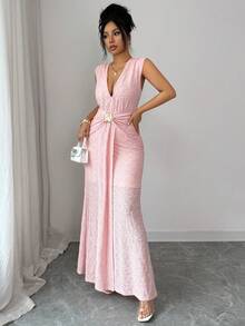 Elenzga 女士优雅复古风修身长连衣裙，粉色针织纹理褶皱金属装饰，春夏款 - 粉色 - 查看 4