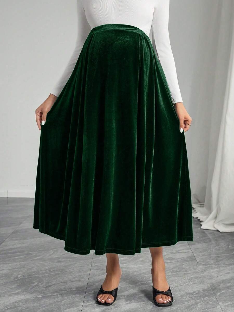 SHEIN 纯色丝绒半身裙，优雅孕妇休闲半身裙 - 綠色 - 查看 1