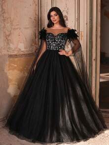 Aureia Váy hở vai tay loe viền chữ A đính lông vũ và lưới thêu màu xanh lam sang trọng cỡ lớn, thích hợp cho tiệc tối, hẹn hò, vũ hội, đám cưới, dịp trang trọng - màu đen - Xem 8