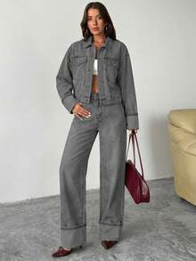 EURMUSE Dark Washed Denim Cropped Jacket And Straight Fit Jean Set - Light Grey - View 5