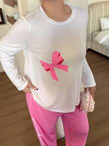 Bộ đồ ngủ cỡ lớn dành cho nữ với nơ phối màu tương phản. - Hồng - Xem 7