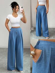Chiquease Women's Dusty Blue Summer Casual Vacation High-Waisted Wide-Leg Pants,Textured Fabric Single-Breasted Pleated Flowing Loose Trousers For Work,Daily - Blue - View 7