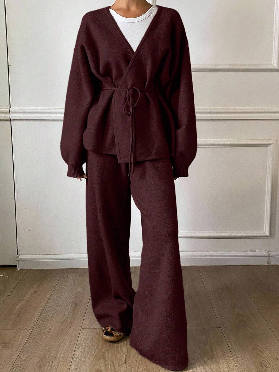 DAZY 2pcs/Set Women Loose Casual Wrap Sweater, Autumn/Winter - Burgundy - View 1