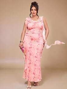 SHEIN BAE Đầm hở lưng cổ yếm thời trang mùa hè dành cho phụ nữ cỡ lớn, in hoa. - Nhiều màu - Xem 3