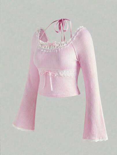 ROMWE Spring/Summer Plus Size Kawaii Pink Bowknot Ribbon Neck Blouse, Women Plus Size Knit Sweater, Casual Sweet Girl Knit Cardigan  Valentine's Day