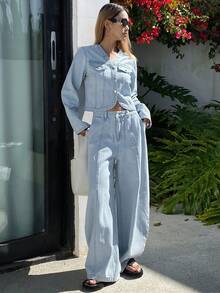 DAZY Women's Casual V-Neck Top And Flared Jeans Pants Suit - Medium Wash - View 6