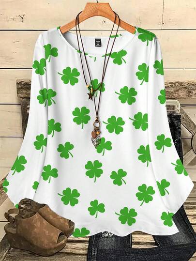 EMERY ROSE Plus Size Women Casual All-Over Print Round Neck Loose 3/4 Sleeve Shirt/St. Patrick's Day