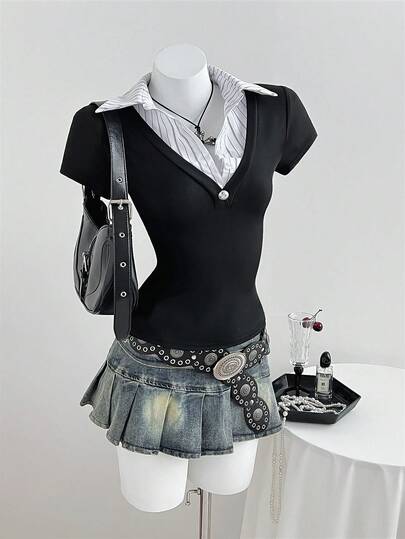 Elamini Sexy V-Neck Striped Patchwork Fitted Short Sleeve T-Shirt For Women