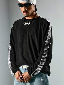 ROMWE MEN Street Life 男士休闲宽松圆领长袖T恤，印有音符图案 - 黑色 - 查看 6