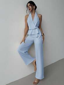 Firerie Bộ đồ nữ thanh lịch, lãng mạn gồm áo không tay cổ chữ V vạt lệch và quần ống đứng dáng rộng màu kaki, thích hợp mặc thường ngày, đi nghỉ mát, đi làm vào mùa hè. - Màu xanh lam - Xem 3