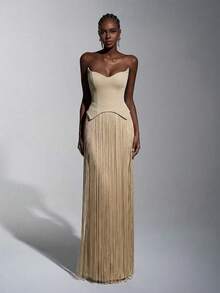 Elitara Elegant Apricot Strapless Sleeveless Maxi Formal Evening Dress With Fringe Accents For Women - Apricot - View 6