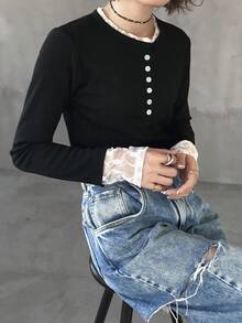 FRIFUL Women's Contrast Color Patchwork Sheer Lace Contrast Button Ribbed Fabric Slim Fit T-Shirt, Suitable For Spring - Black - View 7