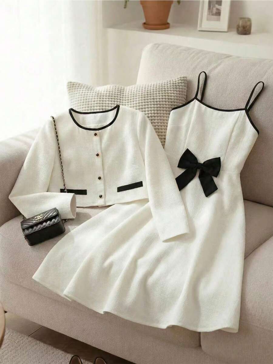 SHEIN Conjunto de 2 piezas de chaqueta de cárdigan elegante y vestido deslizante con decoración de moño, adecuado para adolescentes, otoño/invierno - Blanco - Ver 1