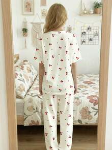 Mignon rétro doux mini cerise cœur imprimé motif, 2026 adolescente décontracté ample minimaliste col rond manches courtes pantalon pyjama ensemble, convient pour le printemps/été - Multicolore - View 2