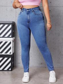 SHEIN EZwear Plus Size Plain Simple Everyday Jeans - Blue - View 3