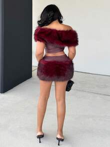 Alexandranx 小姐酒红色音乐节新款毛绒拼布PU短款上衣+毛绒拼布迷你裙2件套 - 酒紅色 - 查看 3