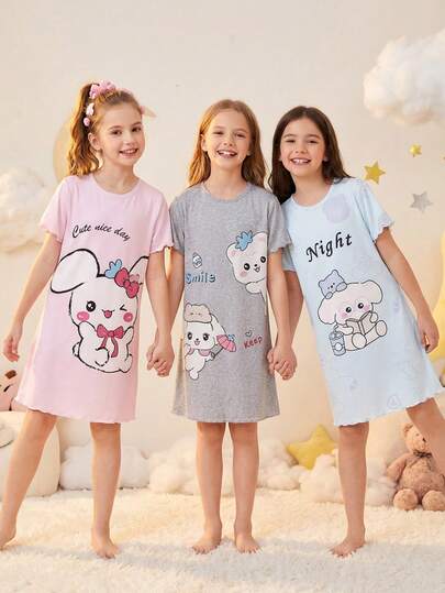3件套女童可爱动物印花撞色睡衣，轻薄休闲家居睡袍