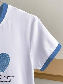 Resyla Camiseta de manga corta con cuello redondo, estampado de letras y corazones con ribete de contraste para mujer - Blanco - Ver 4