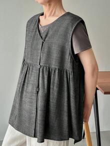 FRIFUL Women's Solid Color V-Neck Sleeveless Pleated Loose Casual Versatile Layering Tank Top, Suitable For Spring And Summer - Black - View 13