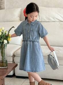 DAZY Young Girl' Denim Collared Short Sleeve Dress - Blue - View 3