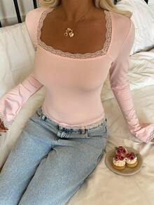 CovetEZ 女士秋季纯色撞色蕾丝圆领修身长袖T恤 - 粉色 - 查看 6