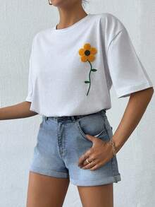 SHEIN 100%純棉大尺碼女款休閒短袖白色T恤，附刺繡細節 - 白色 - 查看 6