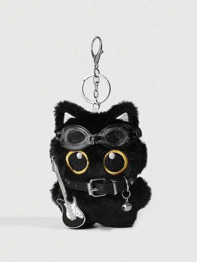ROMWE Anime 1Pc Cute Black Pilot Cat Doll Bag Charm, Punk Rock Collar Decorated Little Black Cat 3D Keychain, Guitar Decorated Animal Birthday Festival Gift,A Music Festival/Back-To-School Bag Decoration.