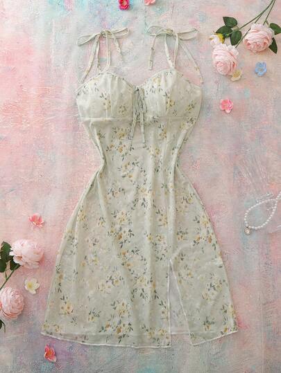 Romantic Ditsy Floral Mesh Comfortable Women Nightgown